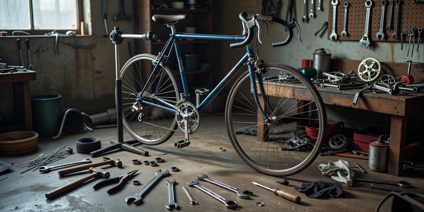 Bicycle mounted on a repair stand with tools scattered nearby