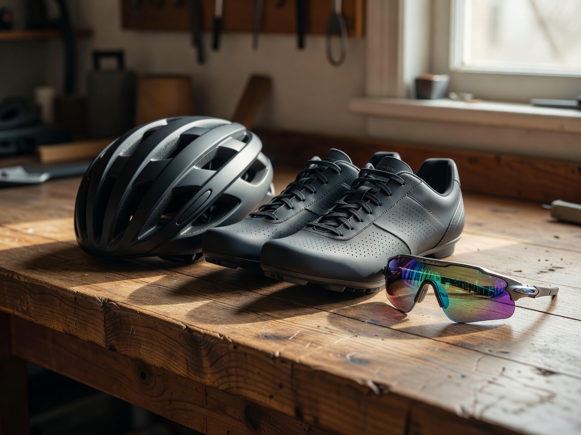 Close-up of cycling helmet, shoes, and sunglasses laid out