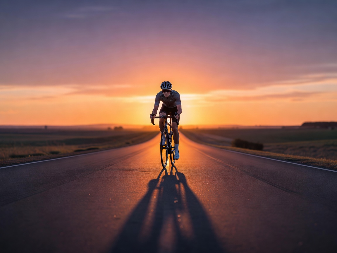 Cyclist riding on a smooth paved road during sunset