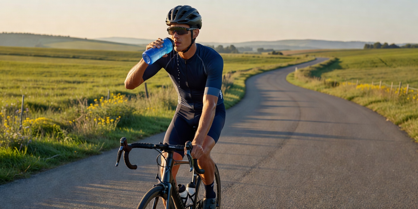 Cyclist taking a sip from a water bottle while riding