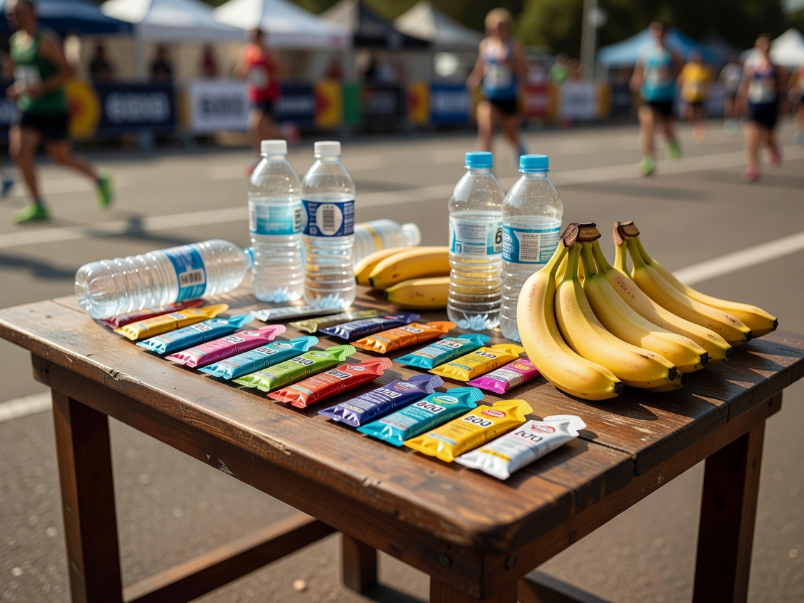 Energy gels, water bottles, and bananas on a table
