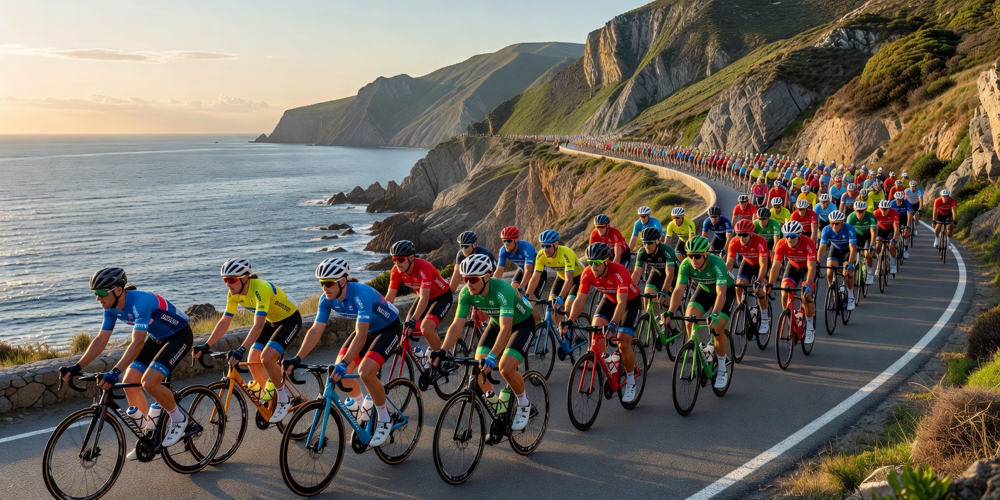 Group of cyclists riding on a scenic coastal road