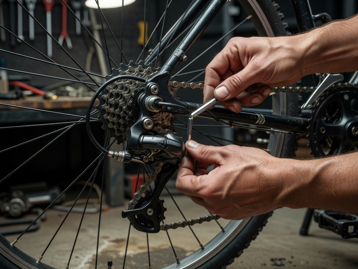 Mechanic hands adjusting a bicycle rear derailleur
