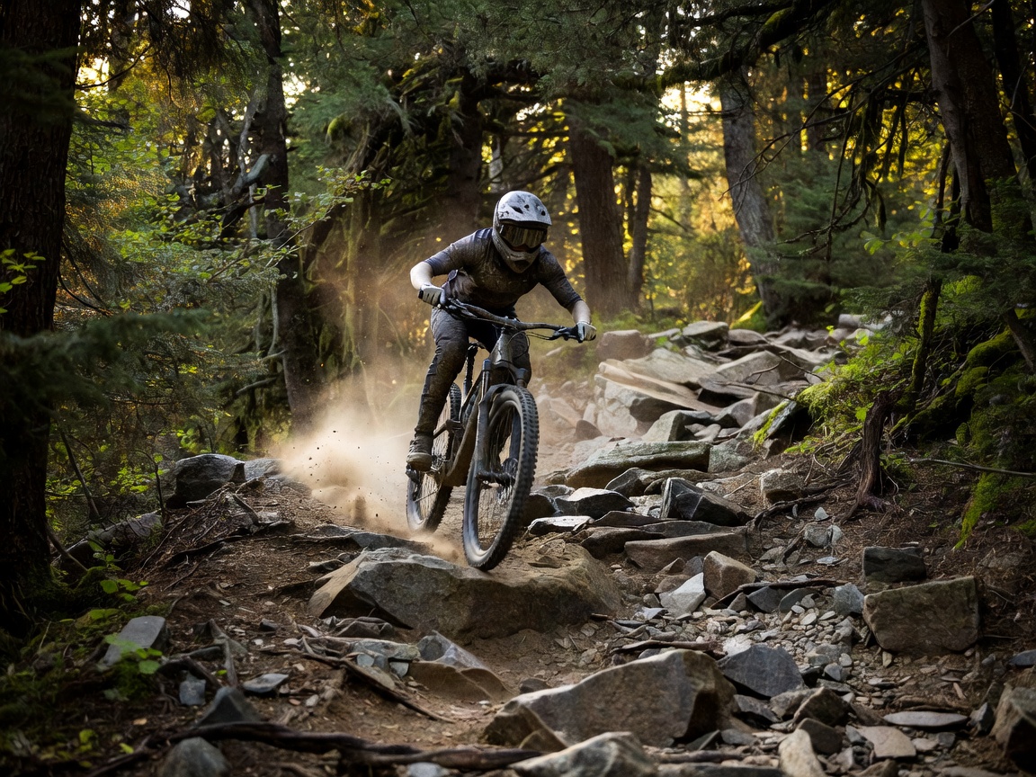 Mountain biker descending a rocky forest trail