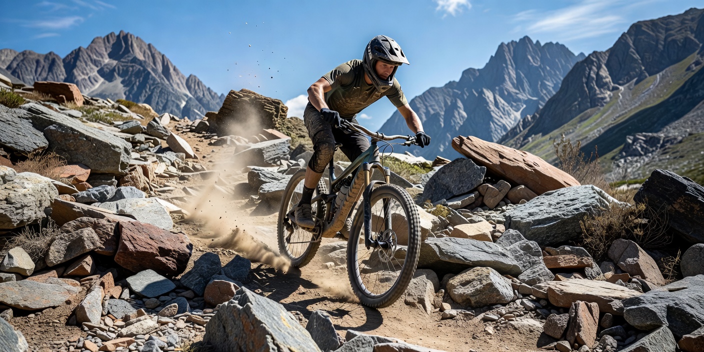 Mountain biker successfully navigating a rock garden