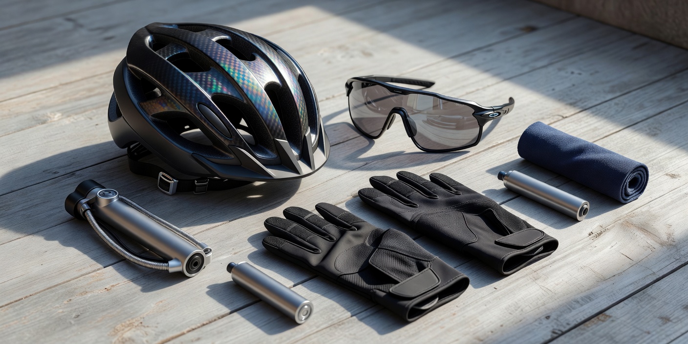 Various cycling accessories including a helmet, sunglasses, and gloves laid neatly on a surface
